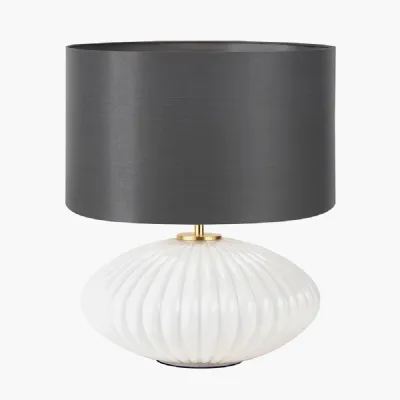 Emilia White Ribbed Glass and Gold Metal Oval Table Lamp Base with Zara 35cm Steel Grey Silk Lined Cylinder Lampshade