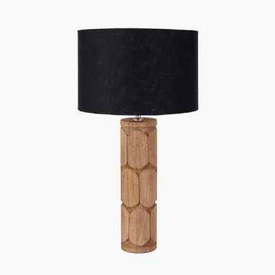Aurelia Embossed Natural Wood Tall Table Lamp Base with Lino 35cm Black Self Lined Linen Cylinder Lampshade