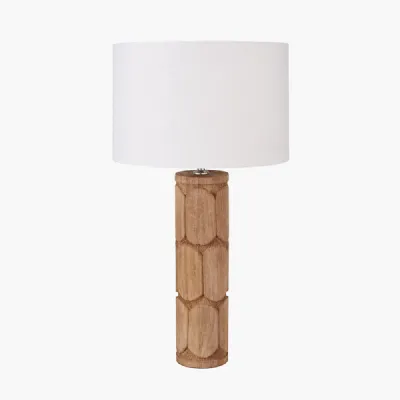 Aurelia Embossed Natural Wood Tall Table Lamp Base with Lino 35cm White Self Lined Linen Cylinder Lampshade