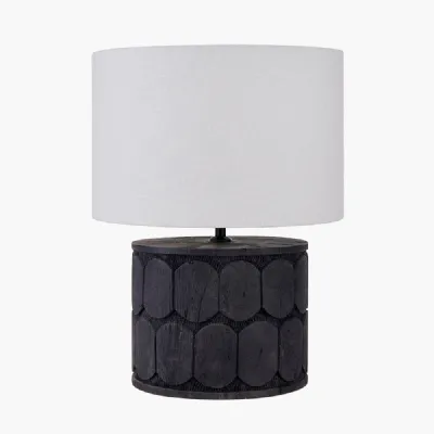 Cezara Embossed Black Wood Wide Table Lamp Base with Lino 40cm White Self Lined Linen Cylinder Lampshade