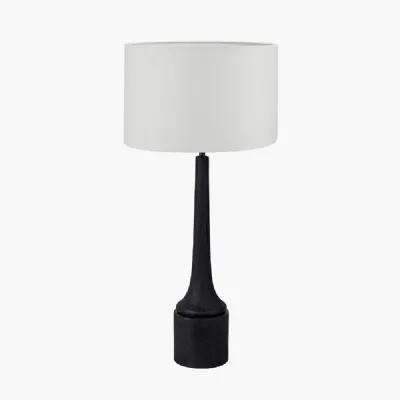 Marin Black Wood Tall Neck Table Lamp Base with Lino 40cm White Self Lined Linen Cylinder Lampshade