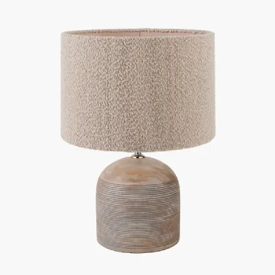 Nelu Grey Engraved Wood Dome Table Lamp Base with Rouen 35cm Taupe Boucle Cylinder Lampshade