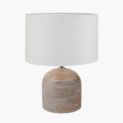 Nelu Grey Engraved Wood Dome Table Lamp Base with Lino 35cm White Self Lined Linen Cylinder Lampshade