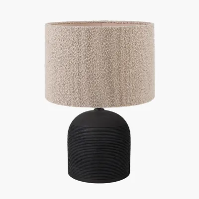 Nelu Black Engraved Wood Dome Table Lamp Base with Rouen 35cm Taupe Boucle Cylinder Lampshade