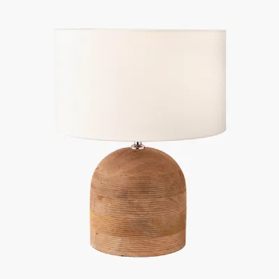 Nelu Natural Engraved Wood Dome Table Lamp Base with Henry 35cm White Handloom Cylinder Lampshade
