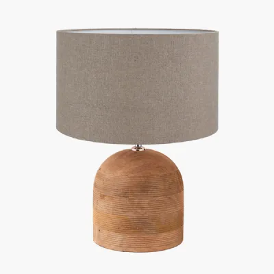 Nelu Natural Engraved Wood Dome Table Lamp Base with Edward 35cm Natural Linen Cylinder Lampshade