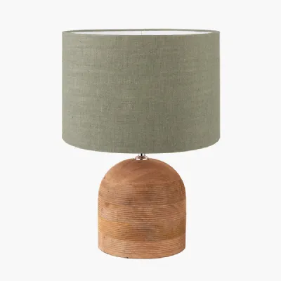 Nelu Natural Engraved Wood Dome Table Lamp Base with Edward 35cm Pistachio Green Linen Cylinder Lampshade