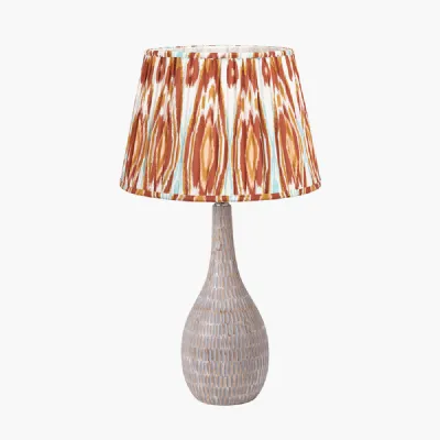 Ioan Grey Engraved Wood Bottle Table Lamp Base with Izara 40cm Cinnamon Ikat Patterned Mushroom Pleat Tapered Lampshade