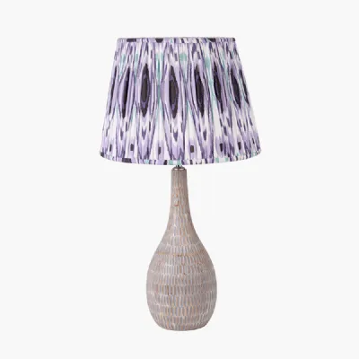 Ioan Grey Engraved Wood Bottle Table Lamp Base with Izara 40cm Lilac Ikat Patterned Mushroom Pleat Tapered Lampshade