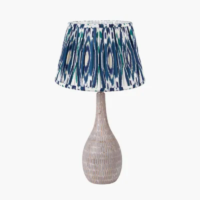 Ioan Grey Engraved Wood Bottle Table Lamp Base with Izara 40cm Ocean Blue Ikat Patterned Mushroom Pleat Tapered Lampshade