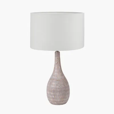 Ioan Grey Engraved Wood Bottle Table Lamp Base with Lino 40cm White Self Lined Linen Cylinder Lampshade