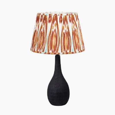 Ioan Black Engraved Wood Bottle Table Lamp Base with Izara 40cm Cinnamon Ikat Patterned Mushroom Pleat Tapered Lampshade
