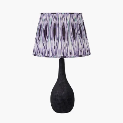 Ioan Black Engraved Wood Bottle Table Lamp Base with Izara 40cm Lilac Ikat Patterned Mushroom Pleat Tapered Lampshade