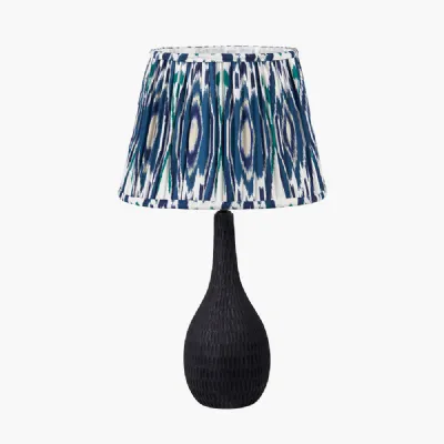 Ioan Black Engraved Wood Bottle Table Lamp Base with Izara 40cm Ocean Blue Ikat Patterned Mushroom Pleat Tapered Lampshade
