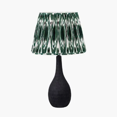 Ioan Black Engraved Wood Bottle Table Lamp Base with Izara 40cm Racing Green Ikat Patterned Mushroom Pleat Tapered Lampshade
