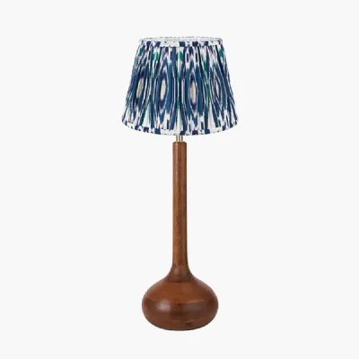 Toma Oiled Wood Tall Neck Table Lamp Base with Izara 35cm Ocean Blue Ikat Patterned Mushroom Pleat Tapered Lampshade