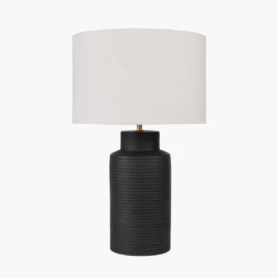 Sierra Black Tall Ribbed Terracotta Table Lamp Base with Lino 35cm White Self Lined Linen Cylinder Lampshade