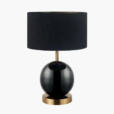 Sofia Black and Gold Enamel Table Lamp Base with Stellan 35cm Black Slubbed Silk Mix Gold Lined Cylinder Lampshade