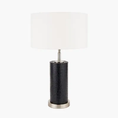 Laurence Black Croc Leather and Silver Cylindrical Table Lamp Base with Henry 35cm White Handloom Cylinder Lampshade