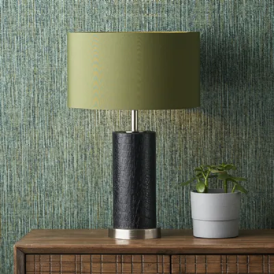 Black Croc Leather and Silver Cylindrical Table Lamp Base