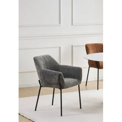 Grey Chenille Fabric Dining Chair with Black Metal Legs