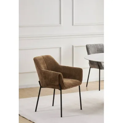 Brown Chenille Fabric Dining Chair with Black Metal Legs
