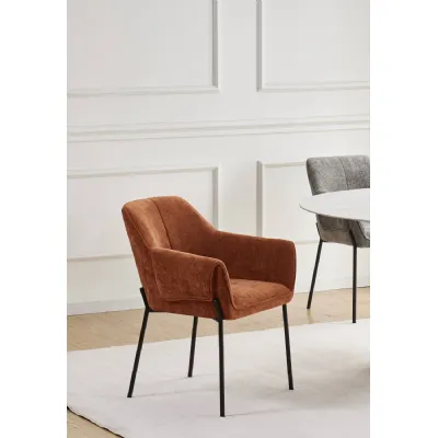 Burnt Orange Chenille Fabric Dining Chair Black Metal Legs