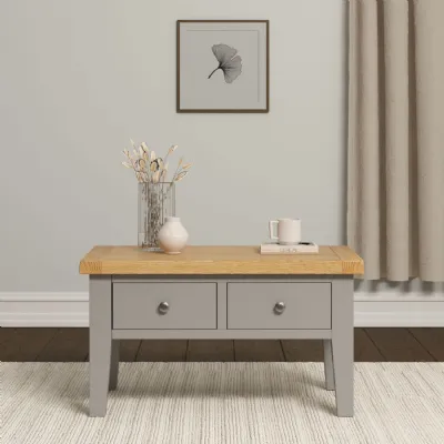 Pebble Grey 2 Drawer Rectangular Coffee Table Oak Top