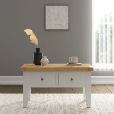 Ivory Texture 2 Drawer Rectangular Coffee Table Oak Top