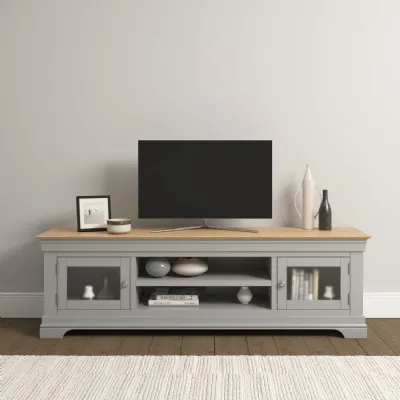 Pebble Grey Wood 2 Door TV Cabinet Oak Top