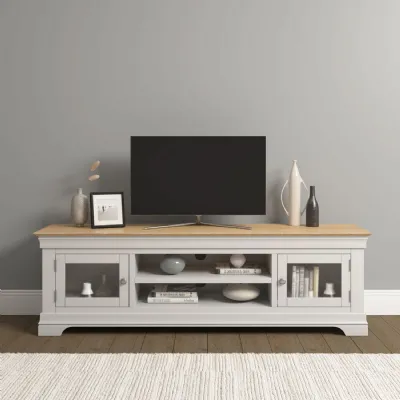 Ivory Textured Wood 2 Door TV Cabinet Oak Top
