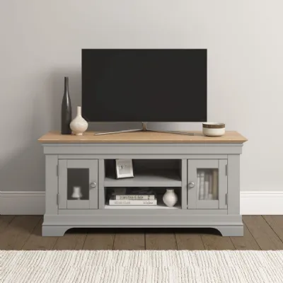 Pebble Grey Wood 2 Door Small TV Media Unit Oak Top