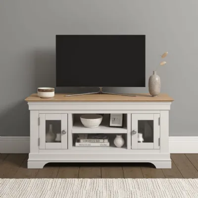 Ivory Texture Wood 2 Door Small TV Media Unit Oak Top