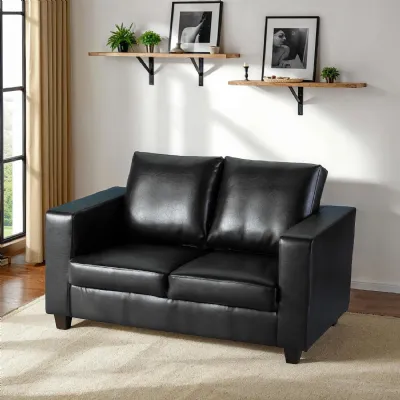 Black Leather Effect 2 Seater Standard Back Sofa