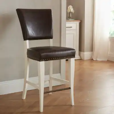 Pair of Ivory Painted Bar Stools Rustic Brown Leather