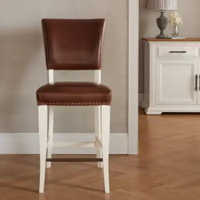 Pair of Ivory Painted Bar Stools Rustic Tan Brown Leather