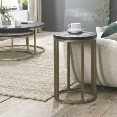Dark Wood Chevron Top Round Side End Table Brass Metal Base