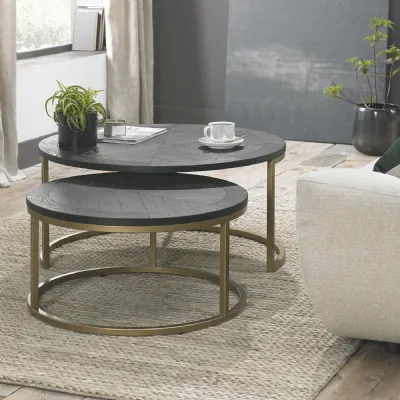 Round Nest Of 2 Coffee Tables Brass Metal Base Chevron Top