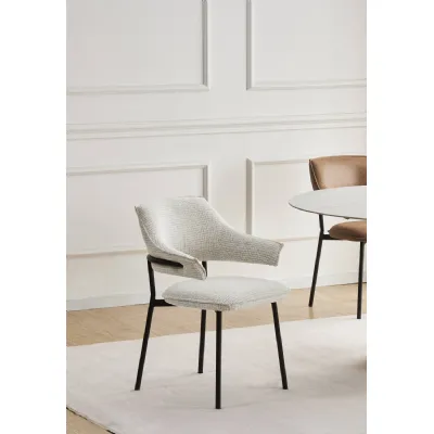 Natural Fabric Textured Dining Chair with Black Metal Legs