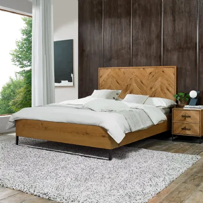 Rustic Oak 5ft King Size Bed Chevron Patterned Headboard