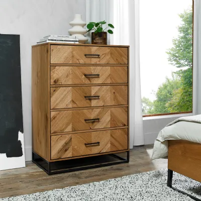 Rustic Oak Parquet Chevron Pattern Tall Chest of 5 Drawers
