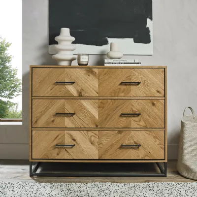 Rustic Oak Chest of 3 Drawers Chevron Design