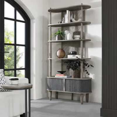 Grey Wooden Open Display Shelving Unit with Cupboard Base