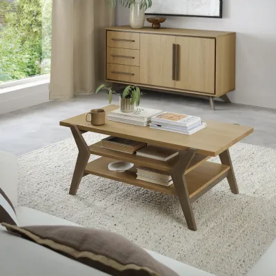 Natural Oak Low Coffee Table with 2 Shelves