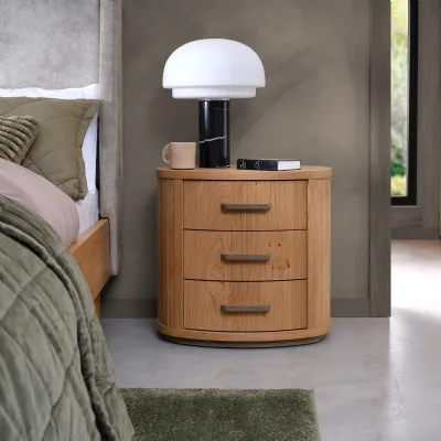 Weathered Oak 3 Drawer Curved Bedside Table