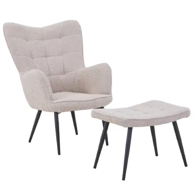 Light Brown Fabric Curved Wing Back Armchair with Footstool