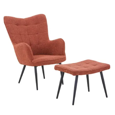 Copper Fabric Curved Wing Back Armchair with Footstool