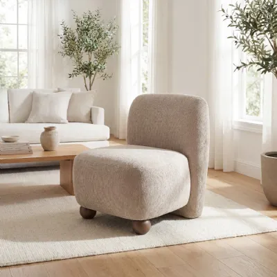 Natural Fabric Upholstery Accent Chair Wooden Feet
