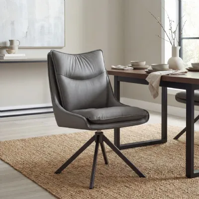Grey Leather Look Upholstery Swivel Dining Chair Metal Legs