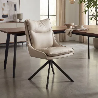 Stone Grey Leather Look Swivel Dining Chair Metal Legs
